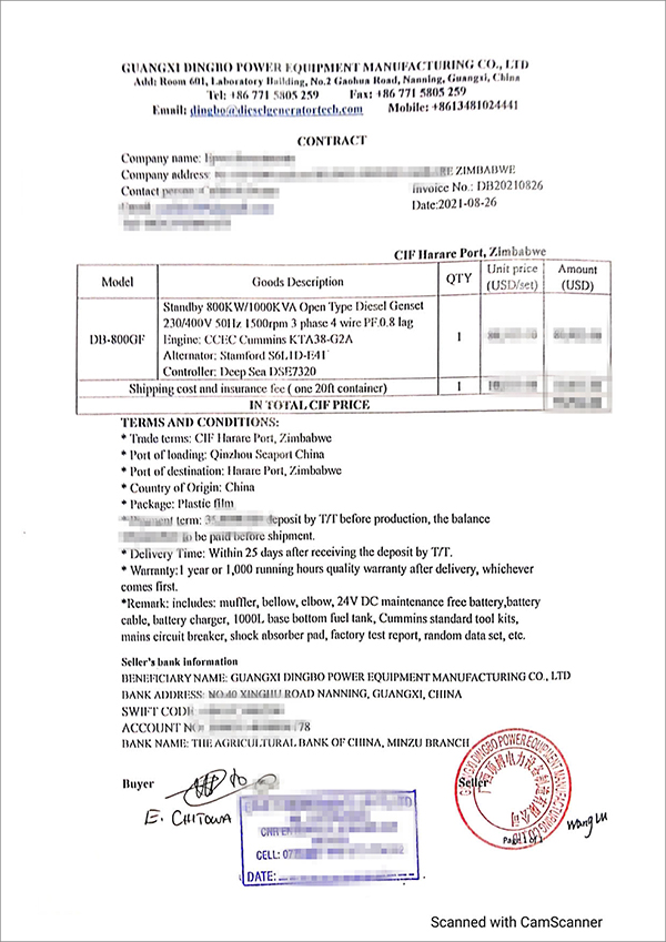 一臺800kw重慶康明斯柴油發電機組成功出口津巴布韋